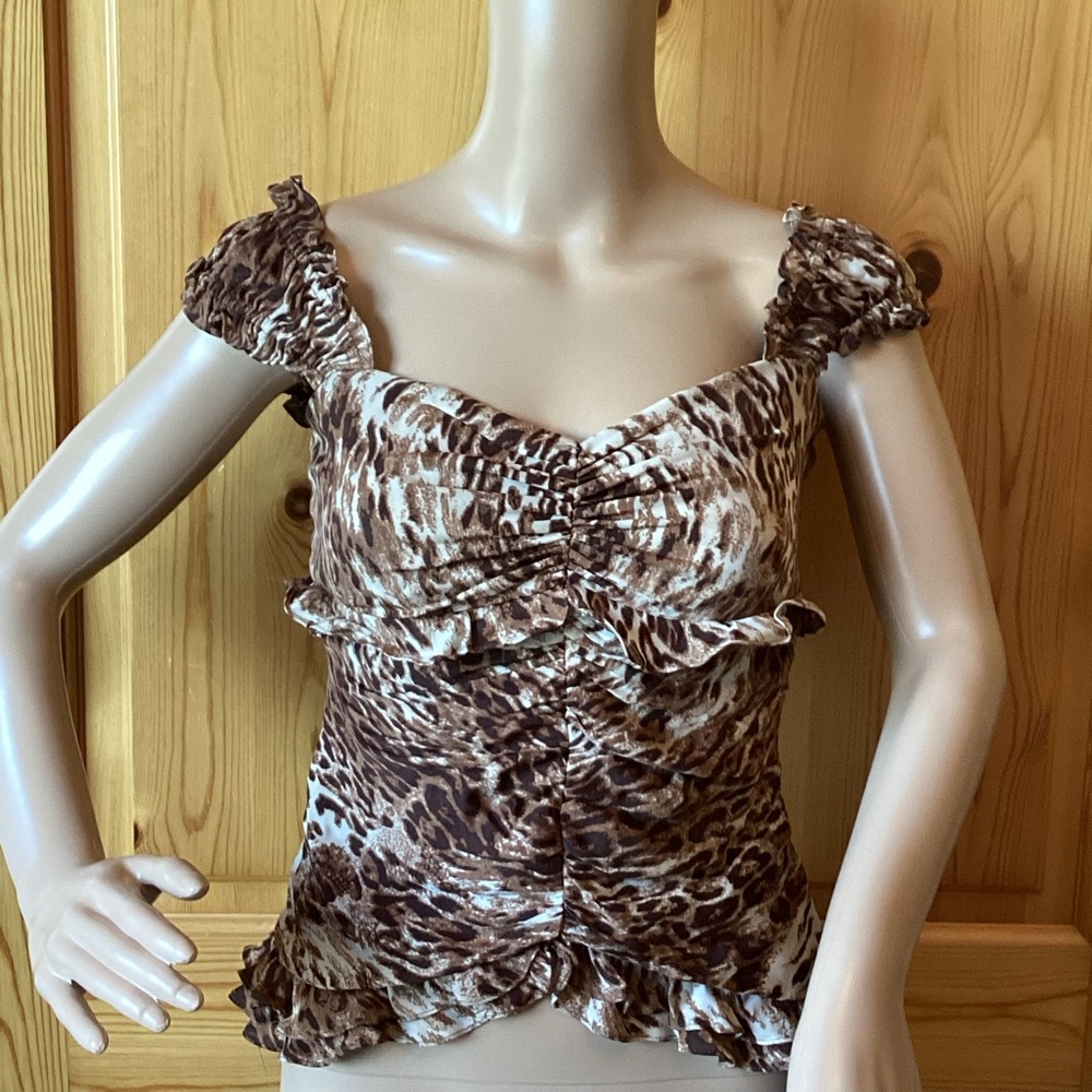 Bryan Bradley Y2k Silk Crop Top Ruffles Size S Leopard Print Ruched
